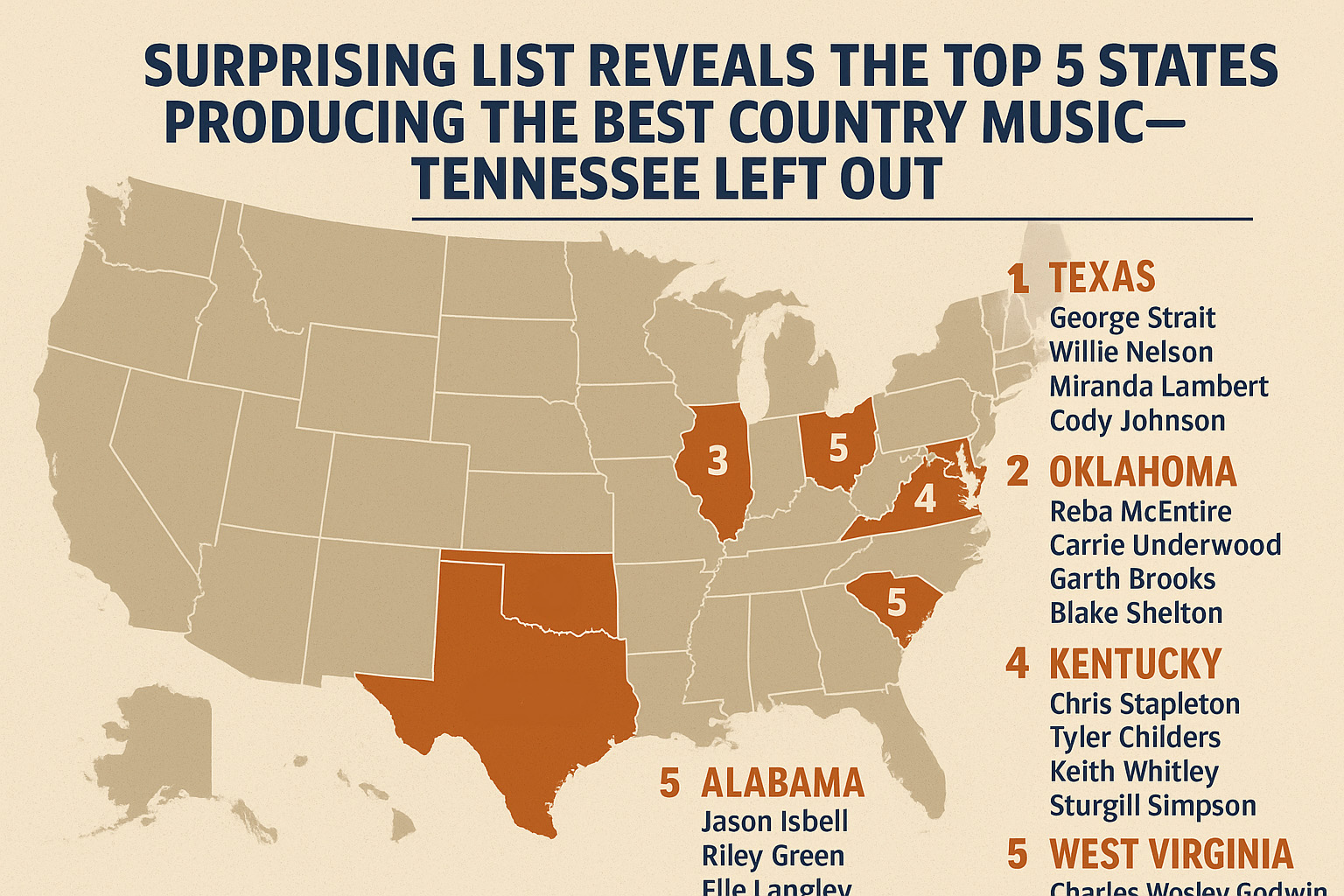 Surprising List Reveals the Top 5 States Producing the Best Country Music—Tennessee Left Out Surprising List Reveals the Top 5 States Producing the Best Country Music—Tennessee Left Out